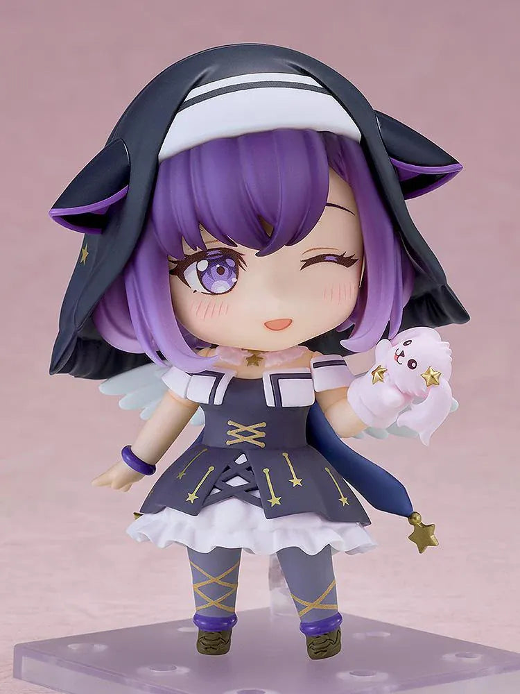 BanG Dream! Nendoroid Miyako Fuji figure with purple hair, a black hood, gold star details, white wings, and a pink character companion.