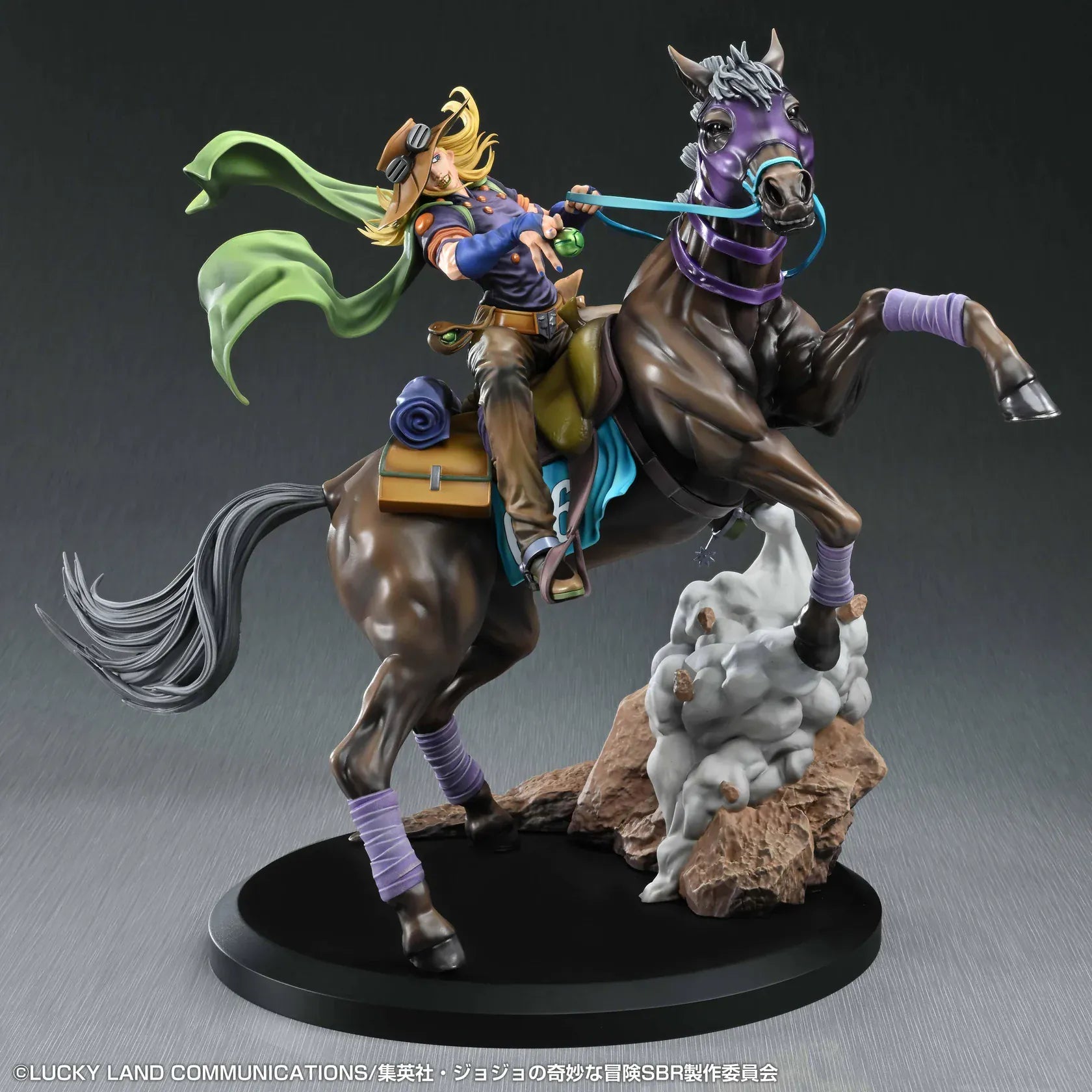 STEEL BALL RUN JoJo's Bizarre Adventure Gyro Zeppeli and Valkyrie figure featuring Gyro riding Valkyrie in a dynamic action pose with rocky effect base