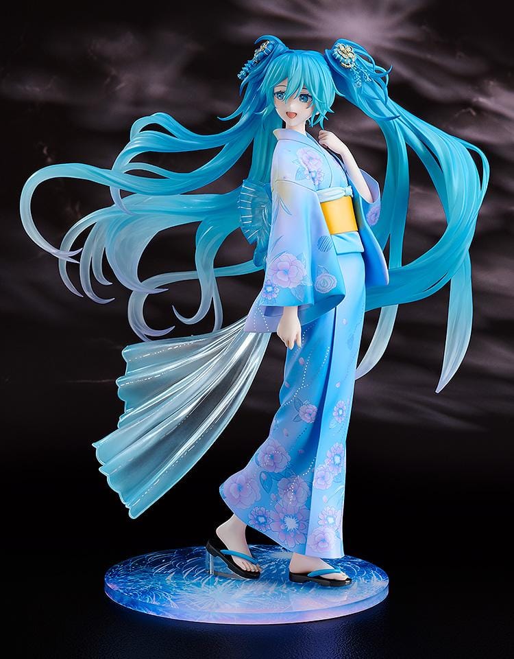 Vocaloid Hatsune Miku Music and Fire Works Ver 1/7 Scale Figure wearing a blue yukata with flowing turquoise twin tails and fireworks display base