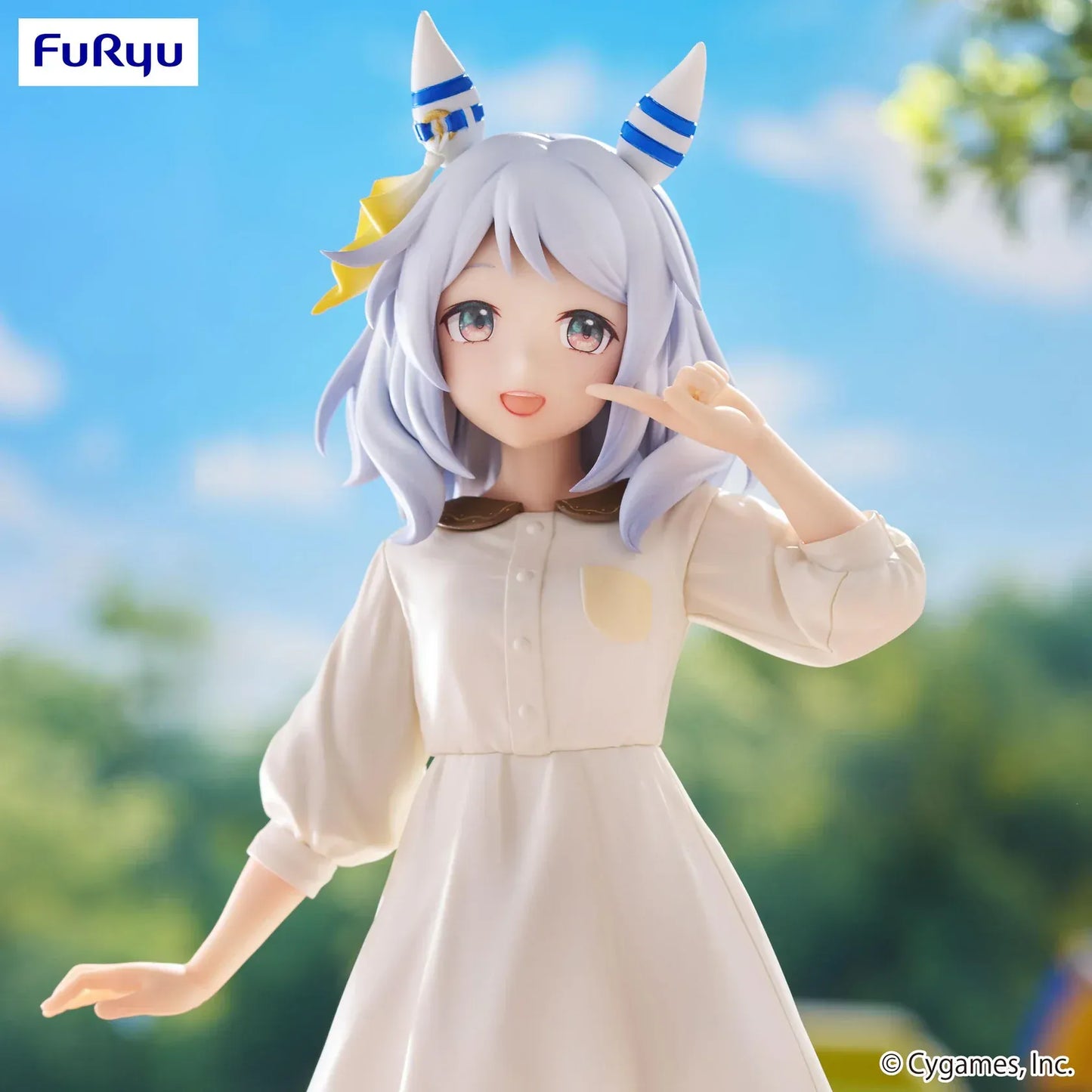 Trio-Try-iT Hishi Miracle figure from Uma Musume: Pretty Derby in a cream tunic and blue pants, smiling and posing in a casual park scene.