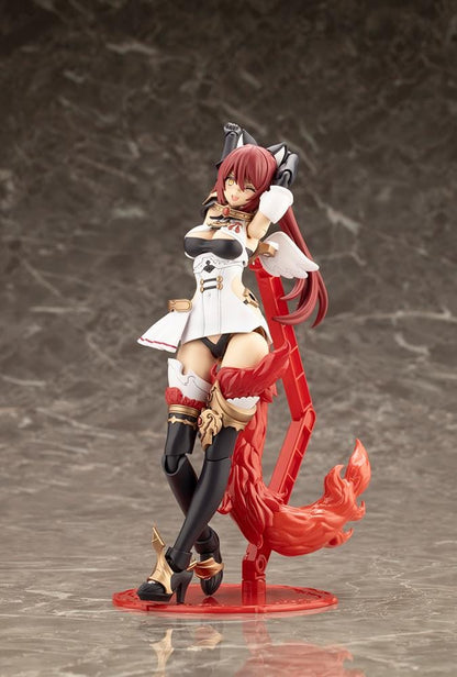 Assembled Arcanadea Charmed model kit with red hair, animal ears, a white and black outfit, gold armor accents, and a sweeping flame-like red tail.