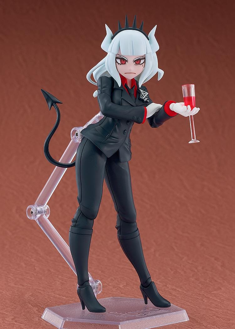 Helltaker figma Lucifer Figure with white hair, black horns, devil tail, black suit, and wine glass accessory