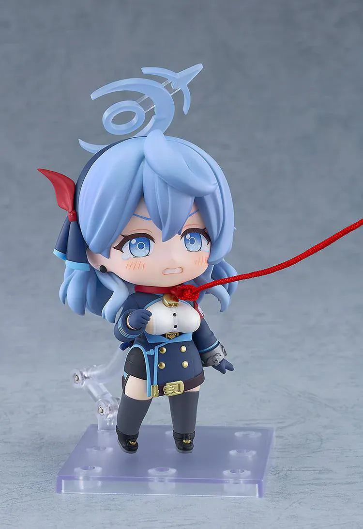 Blue Archive Nendoroid Ako Amau Figure with light blue hair, halo detail, navy uniform, paintbrush accessory, and chibi display base