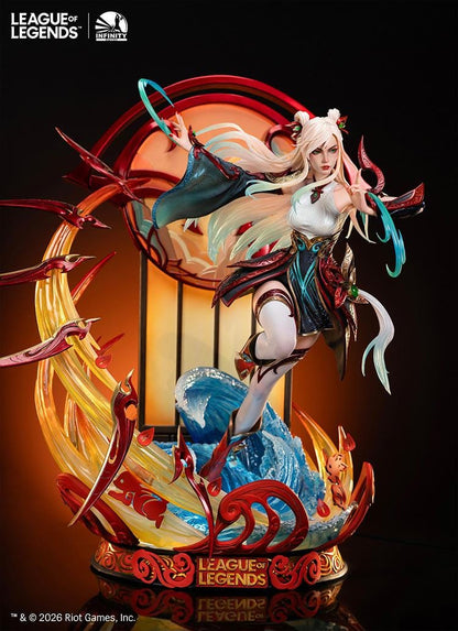 Infinity Studio League of Legends Mythmaker Irelia 1/4 scale figure surrounded by floating red blades, translucent waves, and an ornate base.