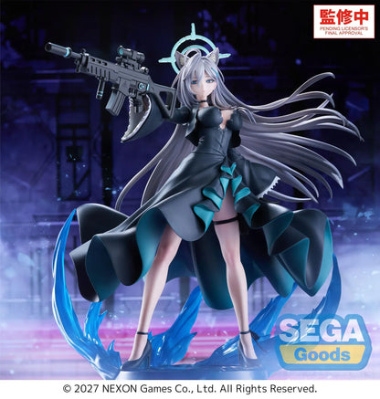 Blue Archive Shiroko Terror FIGURIZMα figure holding a rifle, with flowing silver hair, a turquoise halo, dark teal-lined dress, and blue base effects.