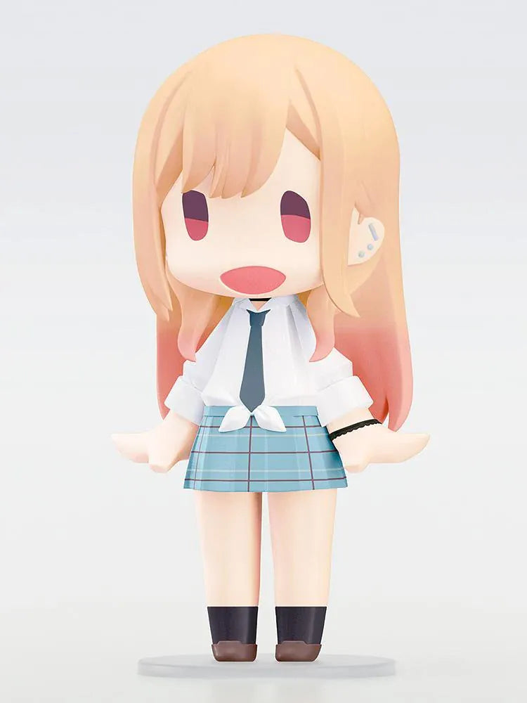 HELLO! GOOD SMILE Marin Kitagawa figure with blonde and pink hair, a smiling face, tied white shirt, dark necktie, and blue plaid skirt.