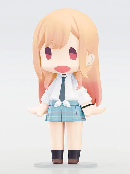 HELLO! GOOD SMILE Marin Kitagawa figure with blonde and pink hair, a smiling face, tied white shirt, dark necktie, and blue plaid skirt.