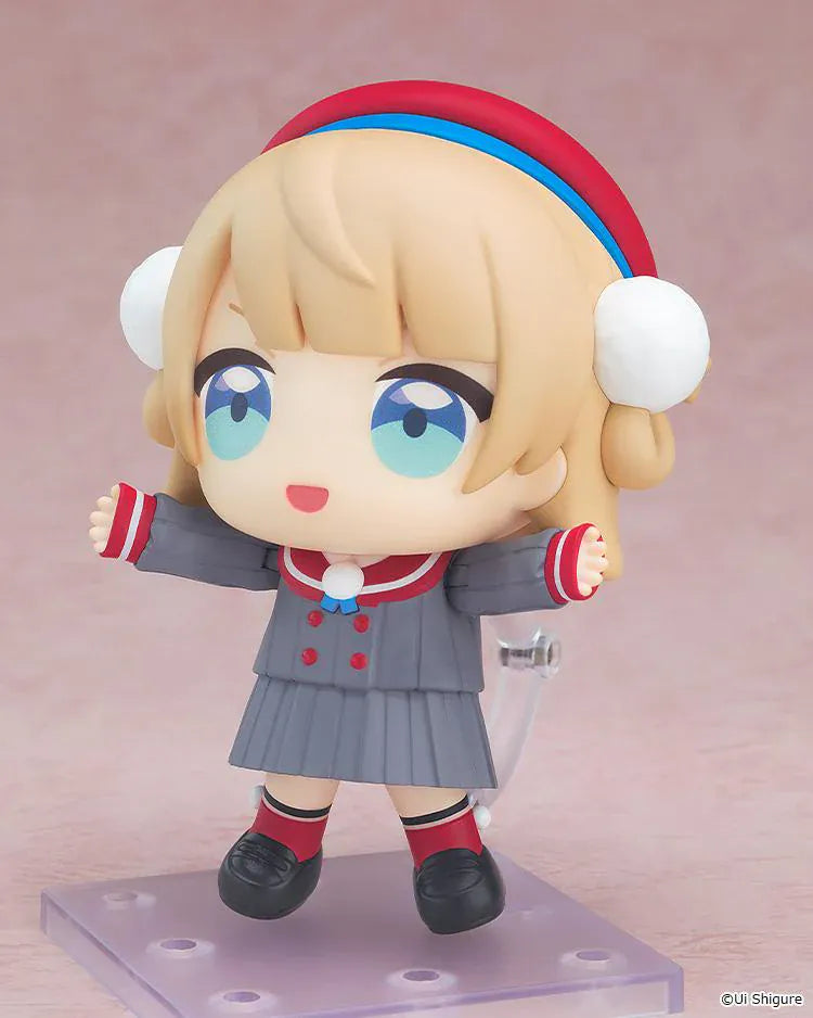 Shigure Ui Nendoroid Uidaga Figure with blonde hair, blue eyes, red headband, fluffy earmuffs, and gray school outfit
