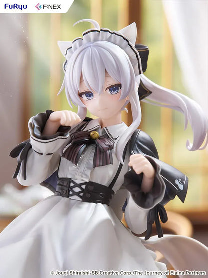 Elaina maid costume with cat ears scale figure from Wandering Witch, standing in a pawing pose with frilled monochrome dress and flowing twin-tail hair.