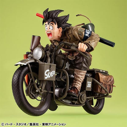 “Dragon Ball Z Desktop Real McCoy EX figure of Kid Goku riding a detailed military-style motorbike with gear and accessories.”