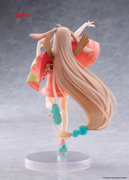 Cosmic Princess Kaguya! Kaguya VR Ver. Coreful Figure featuring a blonde-haired anime girl with pink eyes, long flowing hair, bunny ears, a crescent moon hair accessory, a coral-pink outfit with green sleeves, and colorful shoes in an energetic pose on a transparent circular base.