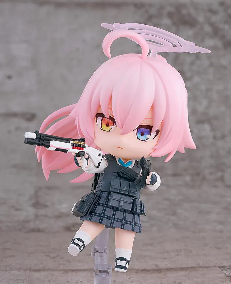 Blue Archive Nendoroid Hoshino Takanashi Armed Figure featuring Hoshino with pink hair, halo detail, tactical gear, weapon accessory, and large shield.