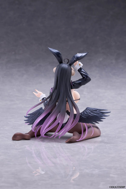 Albedo MOFLOCK Reverse Bunny Suit figure wearing a glossy black outfit with bunny ears, sheer stockings, horns, and black wings.