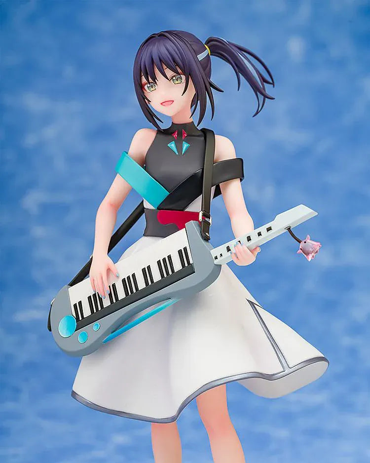 Iroha Sakayori Collaboration Concert Ver. figure with dark purple hair, holding a blue-gray keytar and wearing a white dress with turquoise and black accents.