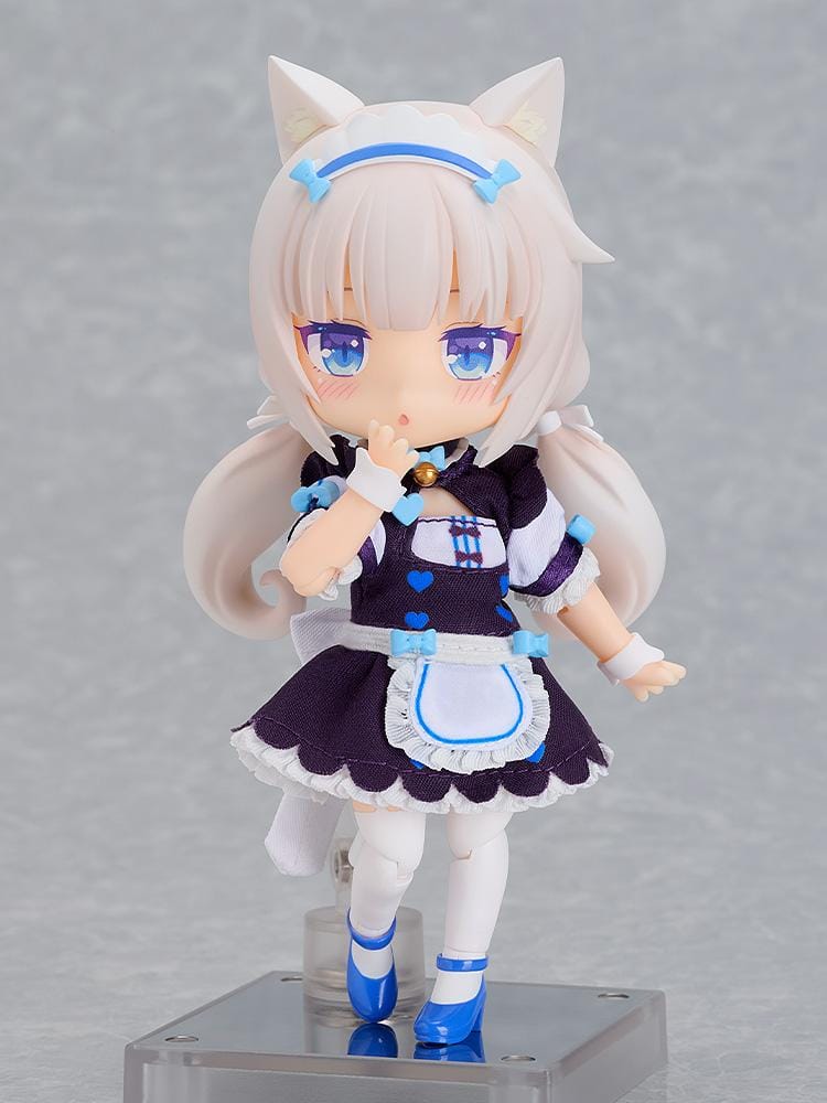 Nekopara Sekai Connect Nendoroid Doll Vanilla with white cat ears, twin-tail hair, blue accents, maid outfit, and frilly apron