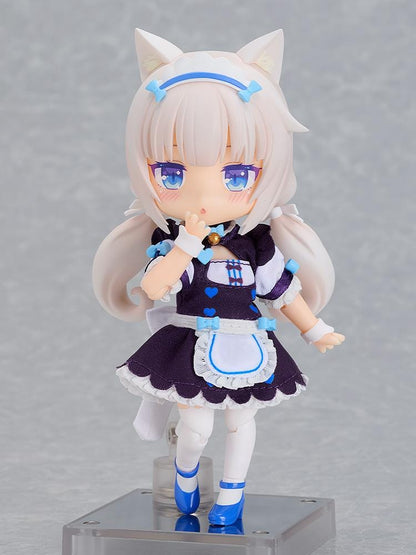 Nekopara Sekai Connect Nendoroid Doll Vanilla with white cat ears, twin-tail hair, blue accents, maid outfit, and frilly apron
