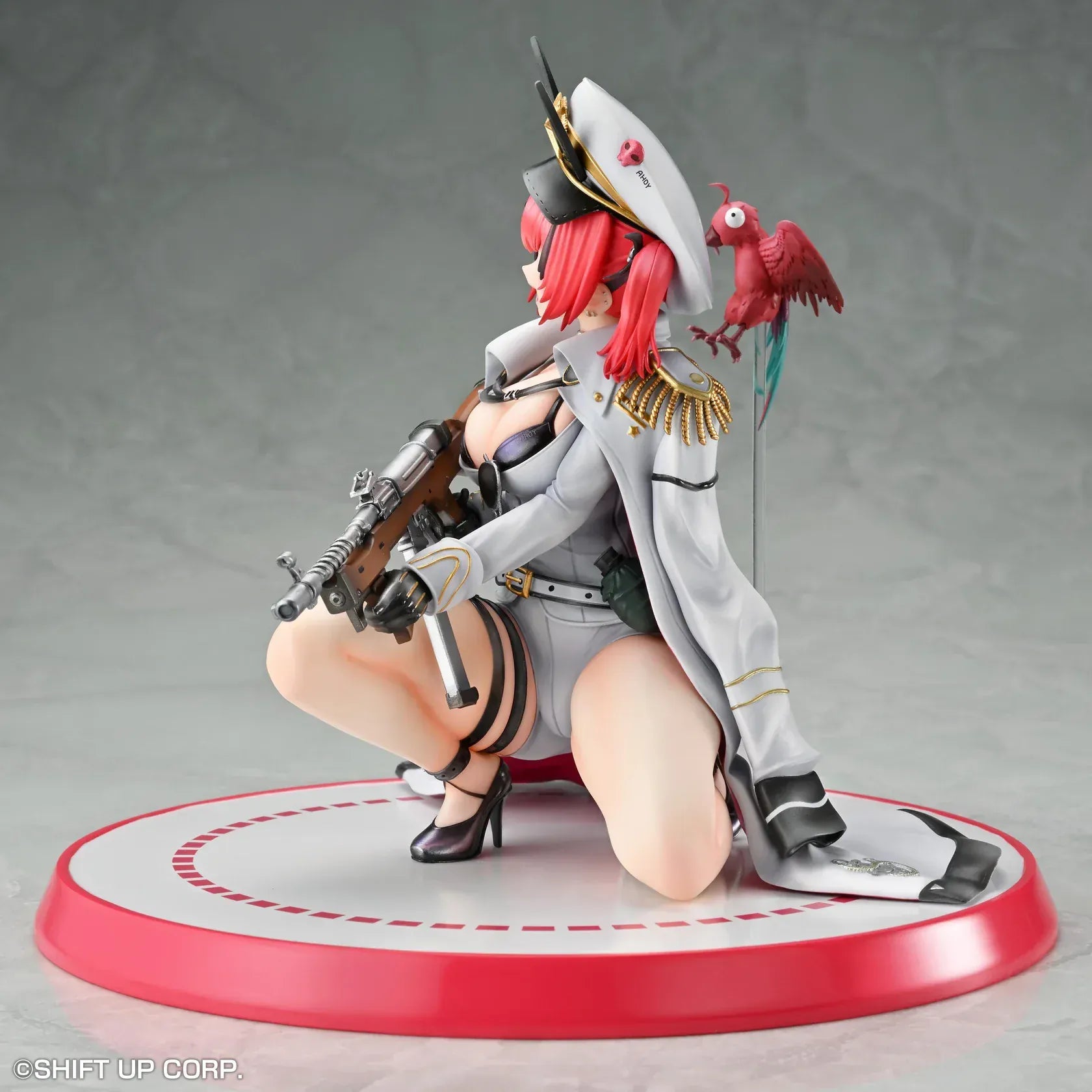 Goddess of Victory: Nikke Mast 1/7 scale figure kneeling on red-and-white base in white naval uniform with rifle and red parrot