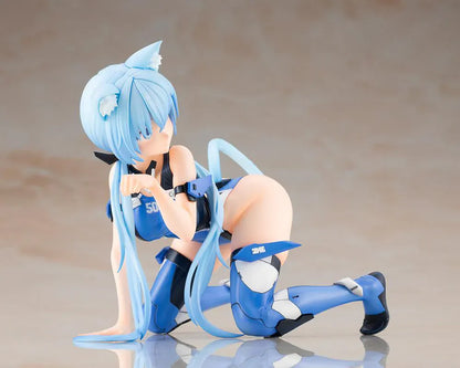 Frame Arms Girl Stylet Swimsuit Ver. Figure featuring Stylet with long light blue hair, cat ear details, blue-and-black swimsuit outfit, mechanical accessory parts, and display pose.
