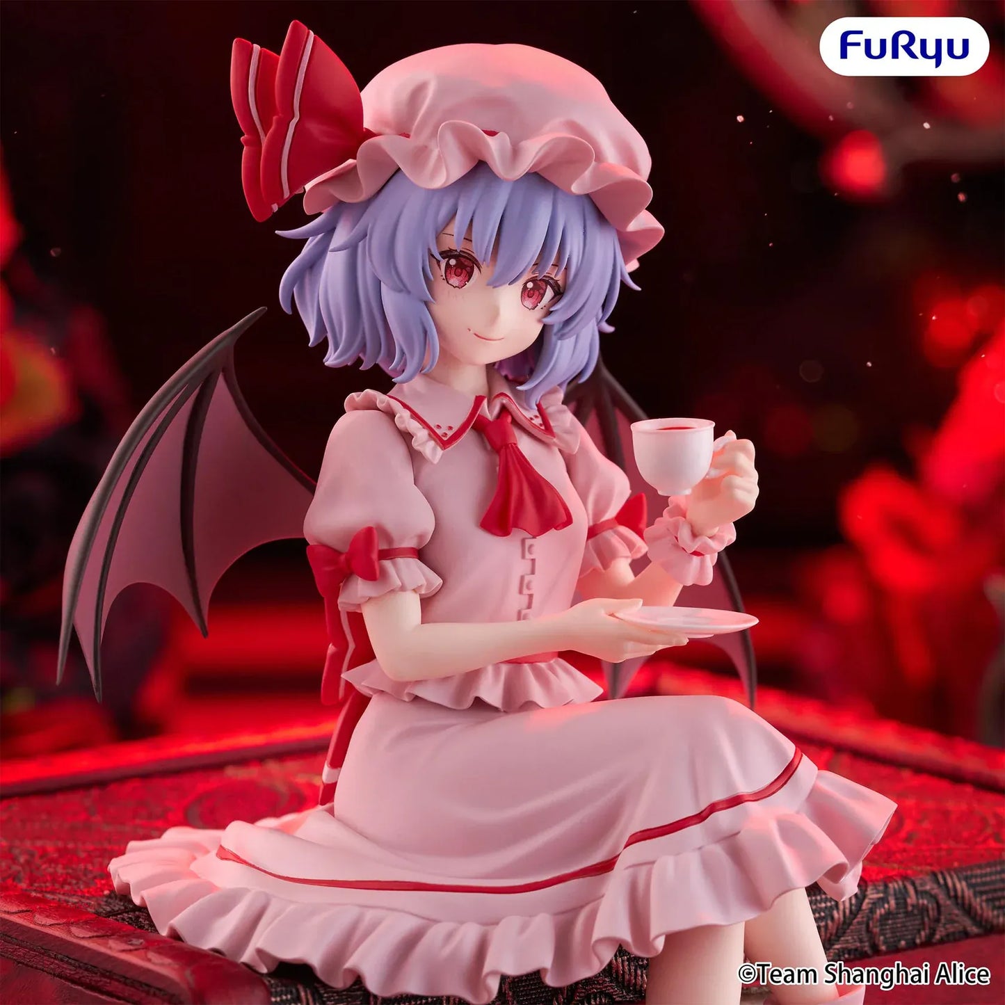 Touhou Project Remilia Scarlet Noodle Stopper figure seated with a teacup, pink dress, and bat wings