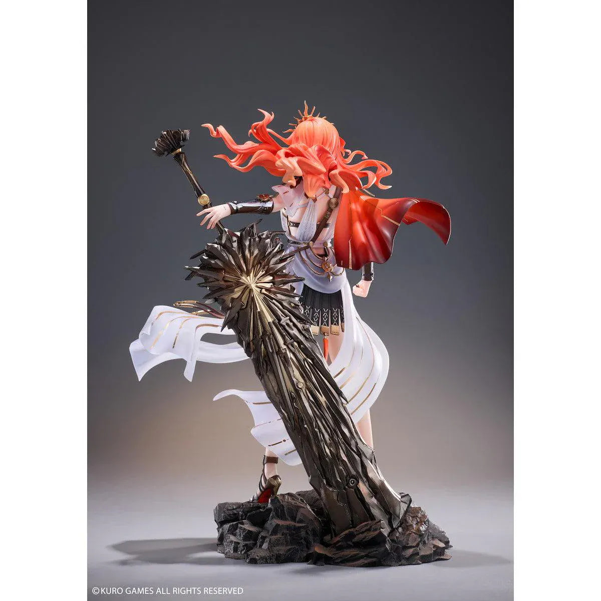 Wuthering Waves Augusta 1/7 Scale Figure with orange-red hair, white-and-gold outfit, armor accents, weapon accessory, and rocky display base