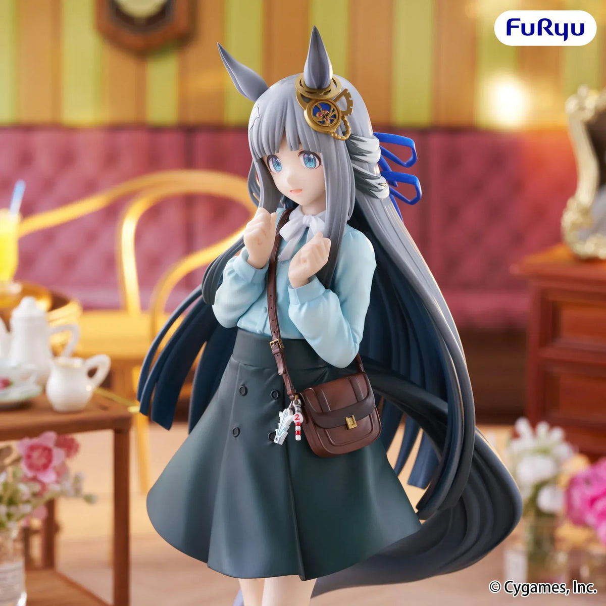 Chrono Genesis Trio-Try-iT figure wearing a blue-and-black outfit with long flowing hair, horse ears, a decorative headpiece, and a shoulder bag.