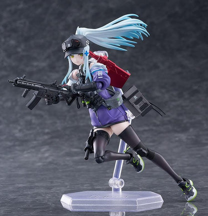 Girls' Frontline 2 Exilium figma Klukai Figure featuring Klukai with light blue hair, tactical outfit, purple jacket, weapon accessory, and futuristic gear details.