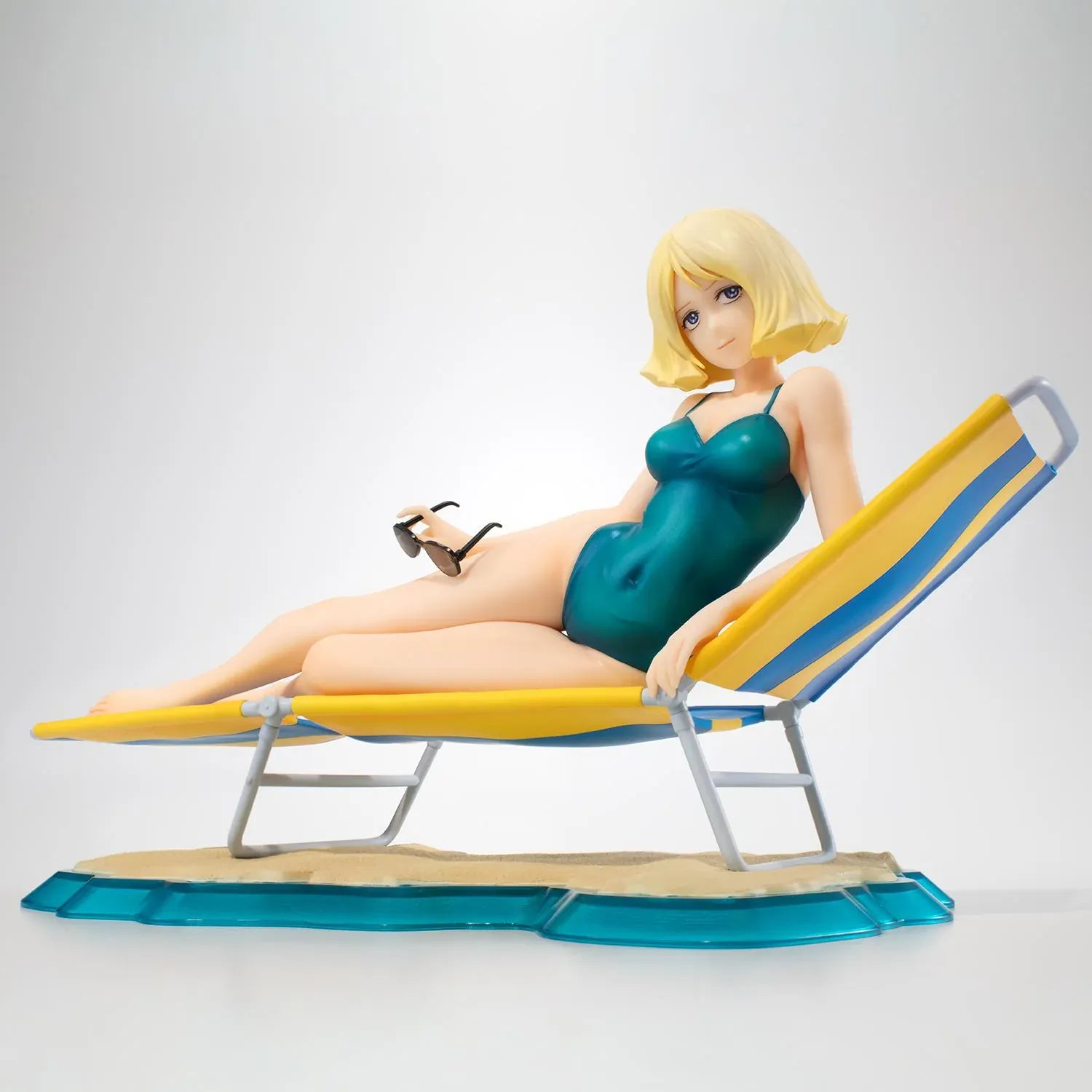 Mobile Suit Gundam Gundam Girls Generation Sayla Mass Break Time Reissue featuring Sayla lounging on a beach chair with teal swimsuit, sunglasses, and beach-themed display base.
