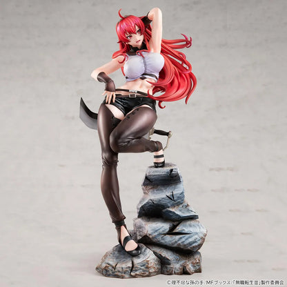 Mushoku Tensei Lucrea Eris Boreas Greyrat Figure with flowing red hair, black and white outfit, and detailed rocky display base