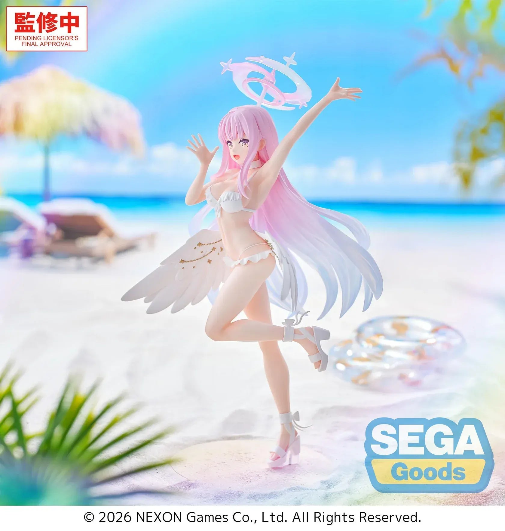 Mika swimsuit figure from Blue Archive with wings halo and pink hair standing on base