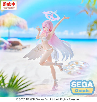 Mika swimsuit figure from Blue Archive with wings halo and pink hair standing on base