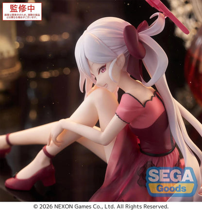 Blue Archive Yumemirize Mutsuki figure sitting in red dress with silver hair and playful expression