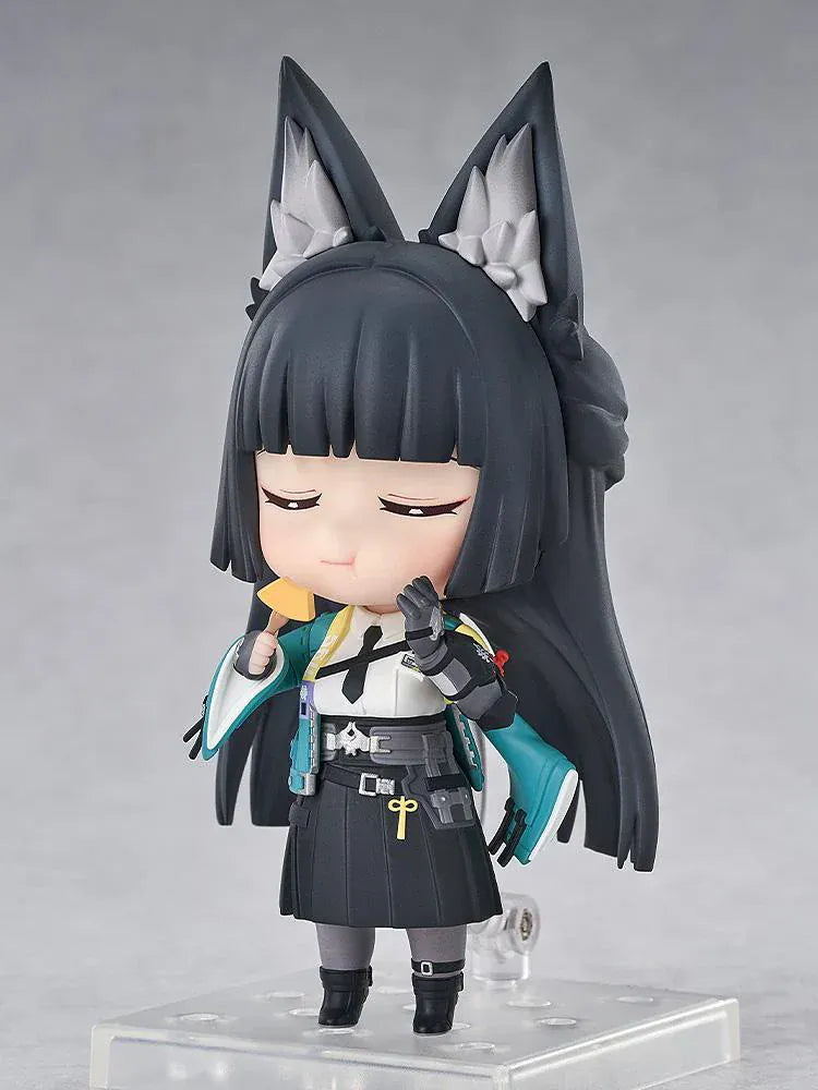 Nendoroid Miyabi Hoshimi with fox ears, black hair, katana, and blue spirit effect part.