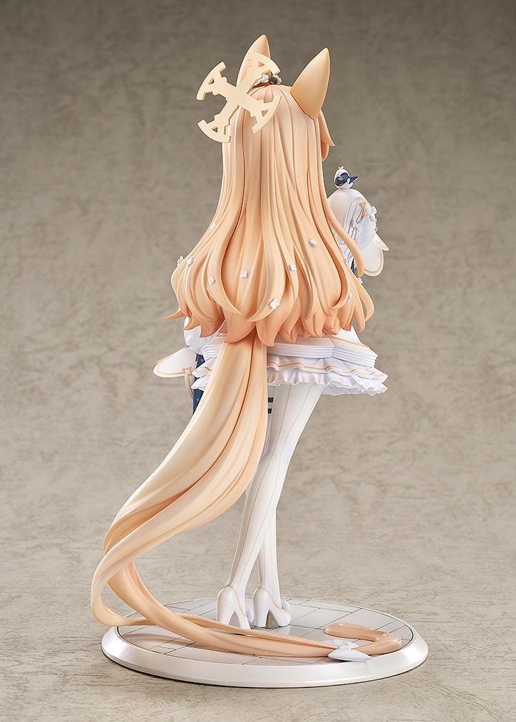 Blue Archive Seia 1/7 Scale Figure with long blonde hair, fox-like ears, white-and-gold outfit, halo, bird companion, and display base