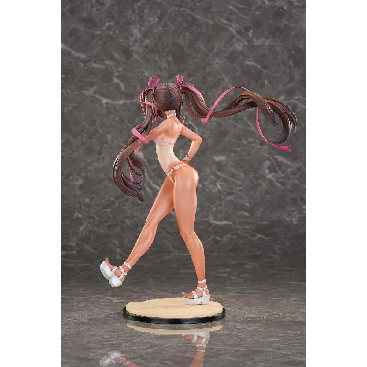 Taimanin RPG Adult Yukikaze Mizuki Swimsuit 1/6 Scale Figure featuring Yukikaze Mizuki in a white swimsuit-style outfit with twin-tail hair, pink ribbons, sandals, and display base.
