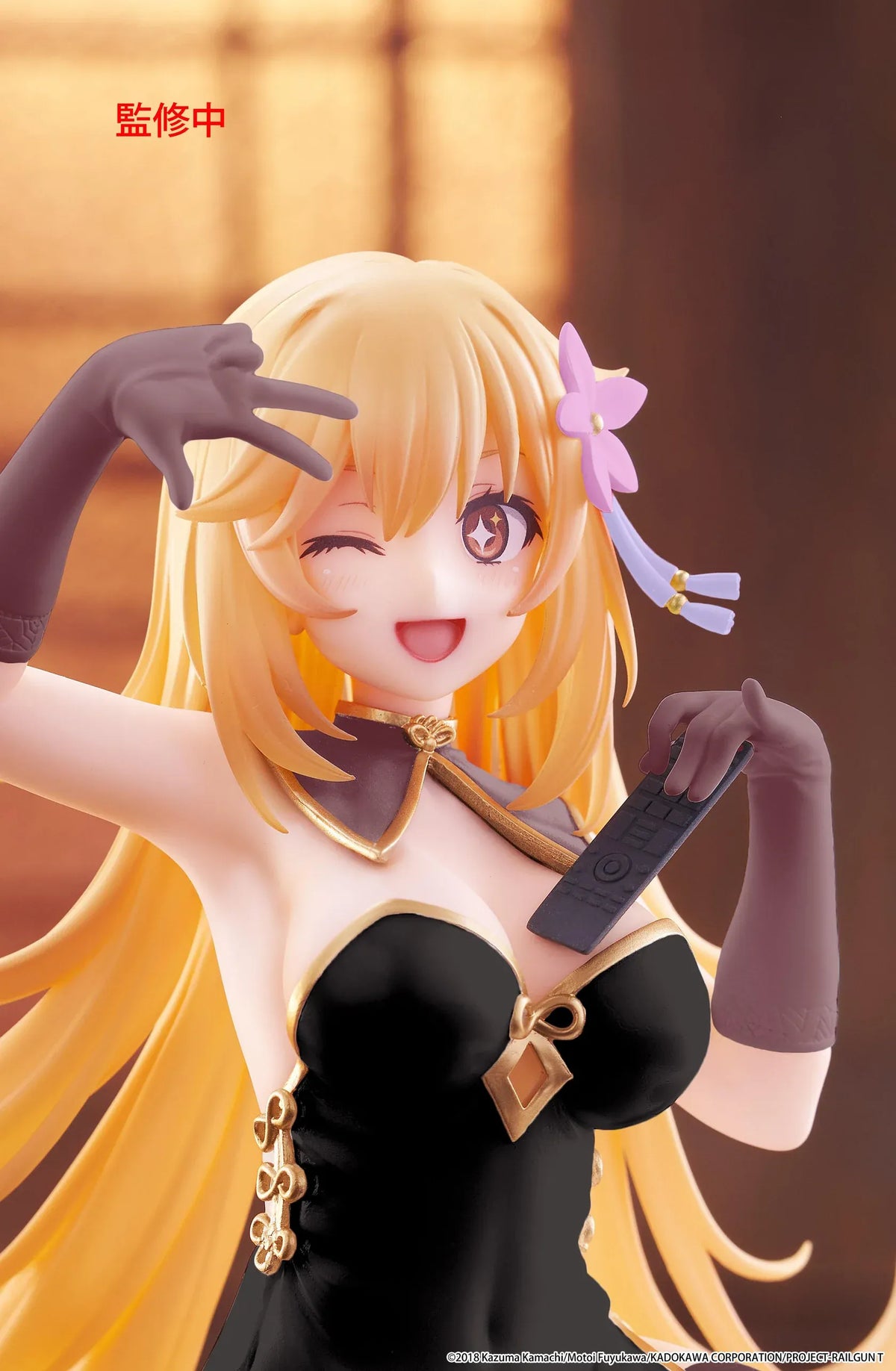 Desktop Cute Misaki Shokuho Chinese Dress Ver. figure seated in a black and gold dress, winking and holding a remote control, with flowing blonde hair