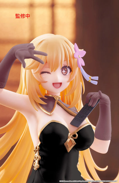 Desktop Cute Misaki Shokuho Chinese Dress Ver. figure seated in a black and gold dress, winking and holding a remote control, with flowing blonde hair