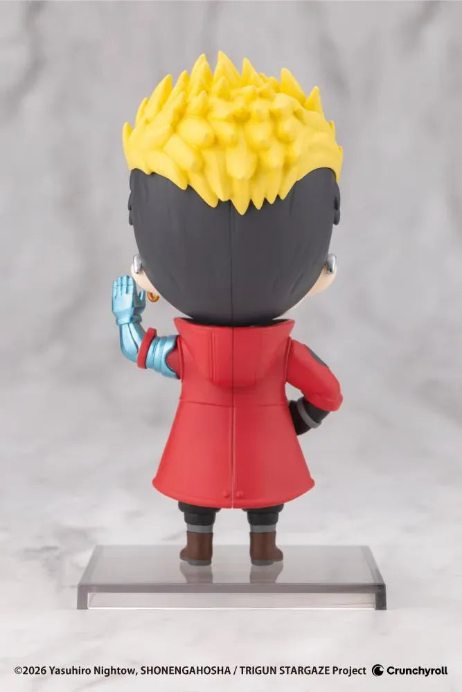TRIGUN STARGAZE Oshi Works Mini Vash the Stampede figure with blond hair, amber glasses, red coat, toothy grin, and raised mechanical arm.