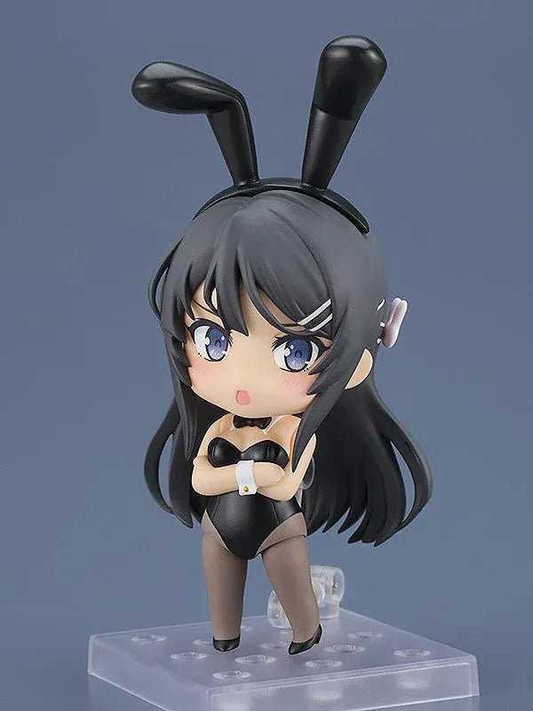 Rascal Does Not Dream of Bunny Girl Senpai Nendoroid Mai Sakurajima Bunny Girl Ver. (Rerelease) featuring a black-haired anime girl with blue eyes wearing a black bunny suit, bunny ears, sheer tights, white wrist cuffs, and a black bow tie.