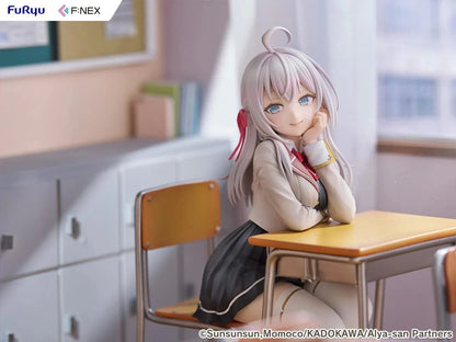 Alya Sometimes Hides Her Feelings in Russian Alya 1/7 Scale Figure by FuRyu F:NEX featuring Alya sitting at a school desk with silver hair and red ribbons