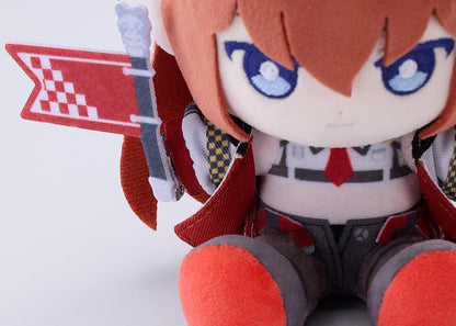 STEINS;GATE Kurisu Makise Racing Ver. Punipuni Plushie seated with reddish-brown hair, blue embroidered eyes, a racing outfit, and a red flag.