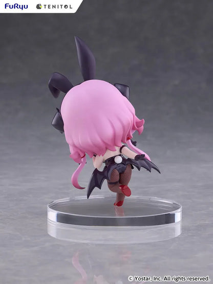 Stella Sora TENITOL Mini Bernina Bunny Figure by FuRyu featuring a pink-haired anime girl with reddish-pink eyes, black bunny ears, a black bunny outfit, fishnet tights, red accents, and bat-like wings in a playful pose.