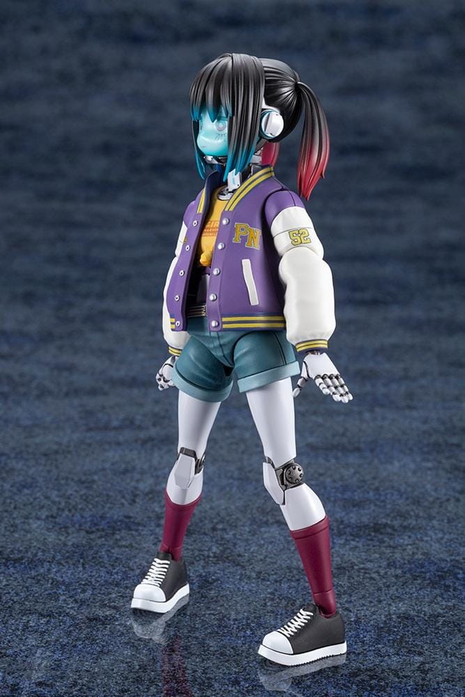 Milky Subway The Galactic Limited Express Makina Model Kit Figure featuring a robotic anime girl with black twin-tail hair, a blue-tinted face, a purple varsity jacket with white sleeves, denim shorts, mechanical arms and legs, burgundy socks, and black-and-white sneakers.
