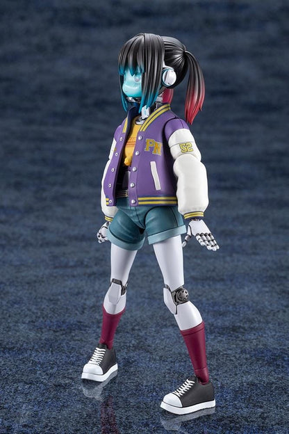 Milky Subway The Galactic Limited Express Makina Model Kit Figure featuring a robotic anime girl with black twin-tail hair, a blue-tinted face, a purple varsity jacket with white sleeves, denim shorts, mechanical arms and legs, burgundy socks, and black-and-white sneakers.