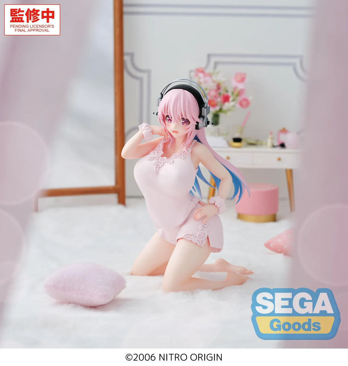 Nitroplus Yumemirize Super Sonico figure wearing pink pajamas and headphones in a kneeling pose