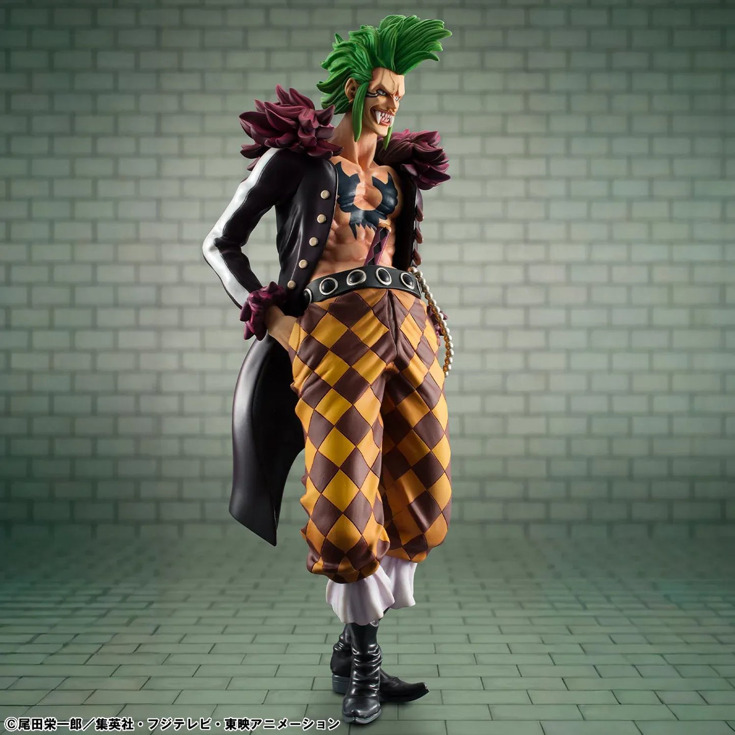 One Piece Portrait Of Pirates Limited Edition Bartolomeo the Cannibal figure with green hair, black coat, and checkered pants