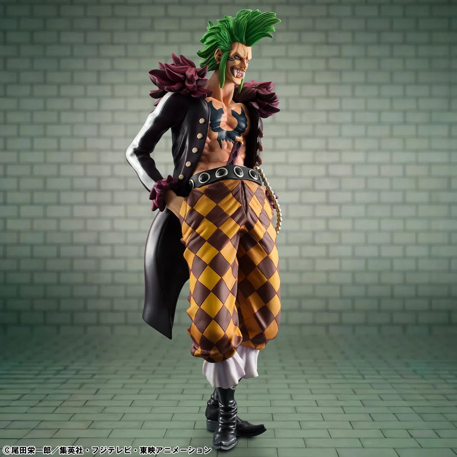 One Piece Portrait Of Pirates Limited Edition Bartolomeo the Cannibal figure with green hair, black coat, and checkered pants