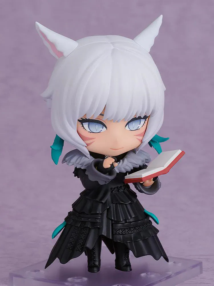Final Fantasy XIV Nendoroid Y'shtola Figure featuring Y'shtola in a chibi-style design with white hair, cat-like ears, black outfit, and ornate staff accessory.