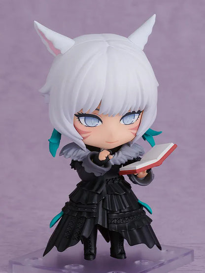 Final Fantasy XIV Nendoroid Y'shtola Figure featuring Y'shtola in a chibi-style design with white hair, cat-like ears, black outfit, and ornate staff accessory.
