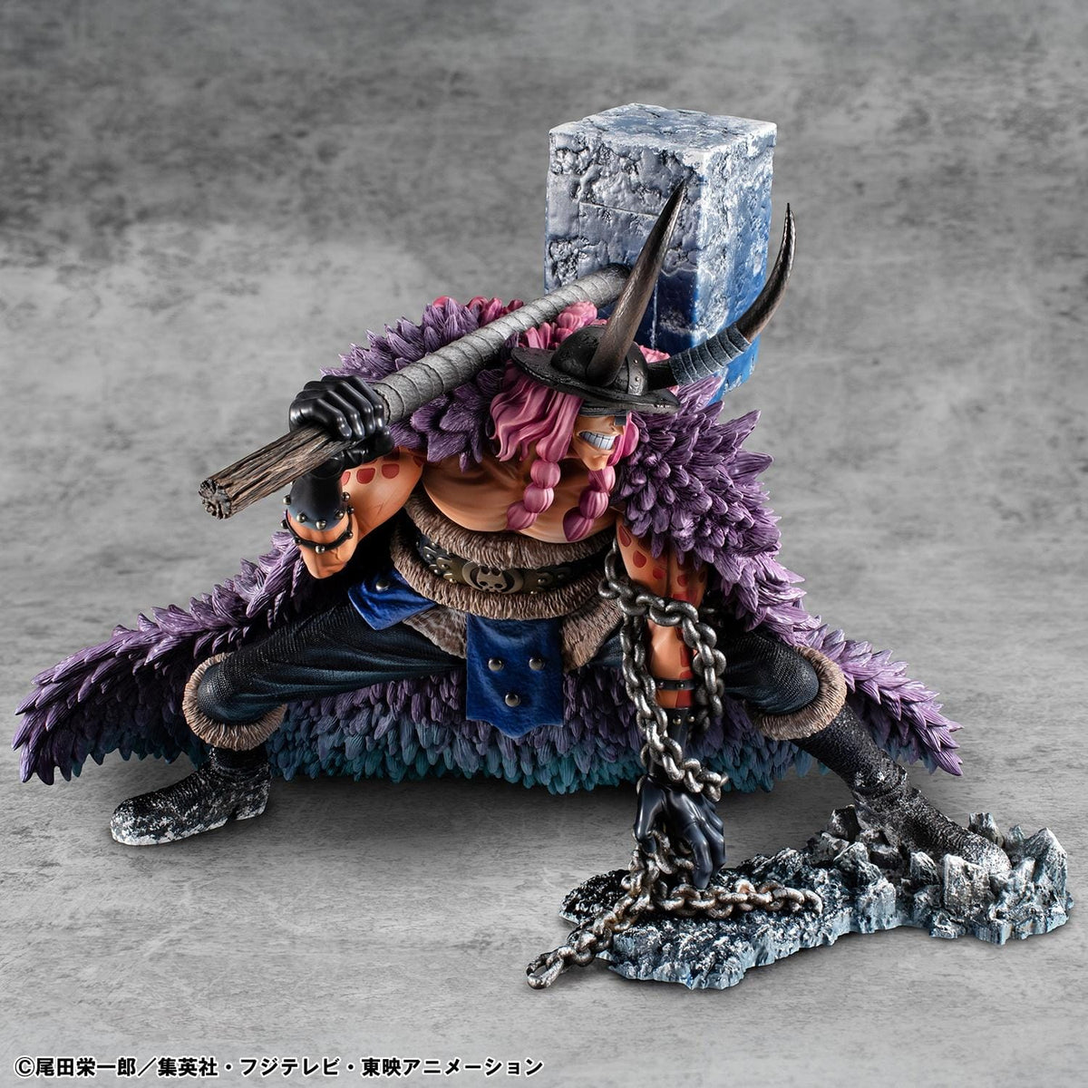 One Piece Portrait of Pirates ELB-Maximum Loki figure crouching with a massive hammer, horned helmet, pink braids, purple cloak, and chains on a rocky base.
