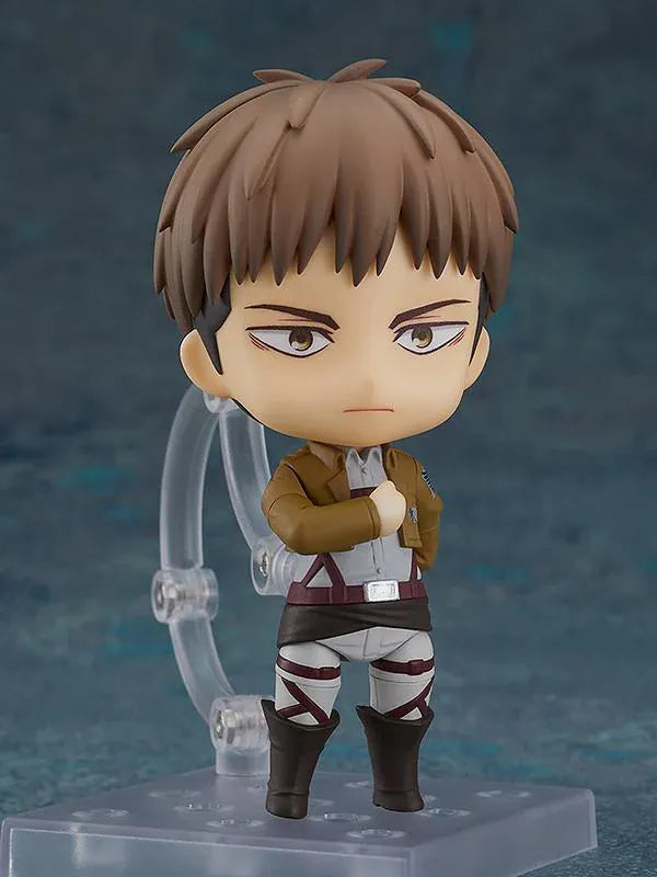 Attack on Titan Nendoroid Jean Kirstein rerelease figure wearing his Survey Corps uniform and green cloak with dual blades and maneuvering gear.